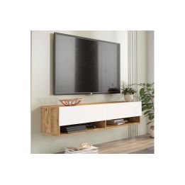 Mueble Mesa TV de Pared Color Blanco-Roble 140x31.6x29.6 cm - 2 Puertas - Estilo Moderno y Funcional.