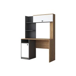 Escritorio-Librería de Melamina, Gris Oscuro-Blanco-Natural, 117x46x160 cm, Mueble Versátil para Oficina o Estudio.