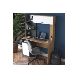 Escritorio-Librería de Melamina, Gris Oscuro-Blanco-Natural, 117x46x160 cm, Mueble Versátil para Oficina o Estudio.