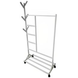 Perchero colgador multiusos con ruedas,  portatil, madera maciza color blanco