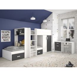 Litera - Cama Tren en Blanco Veteado y Grafito - 99.6 cm x 278.5 cm x 150.6 cm
