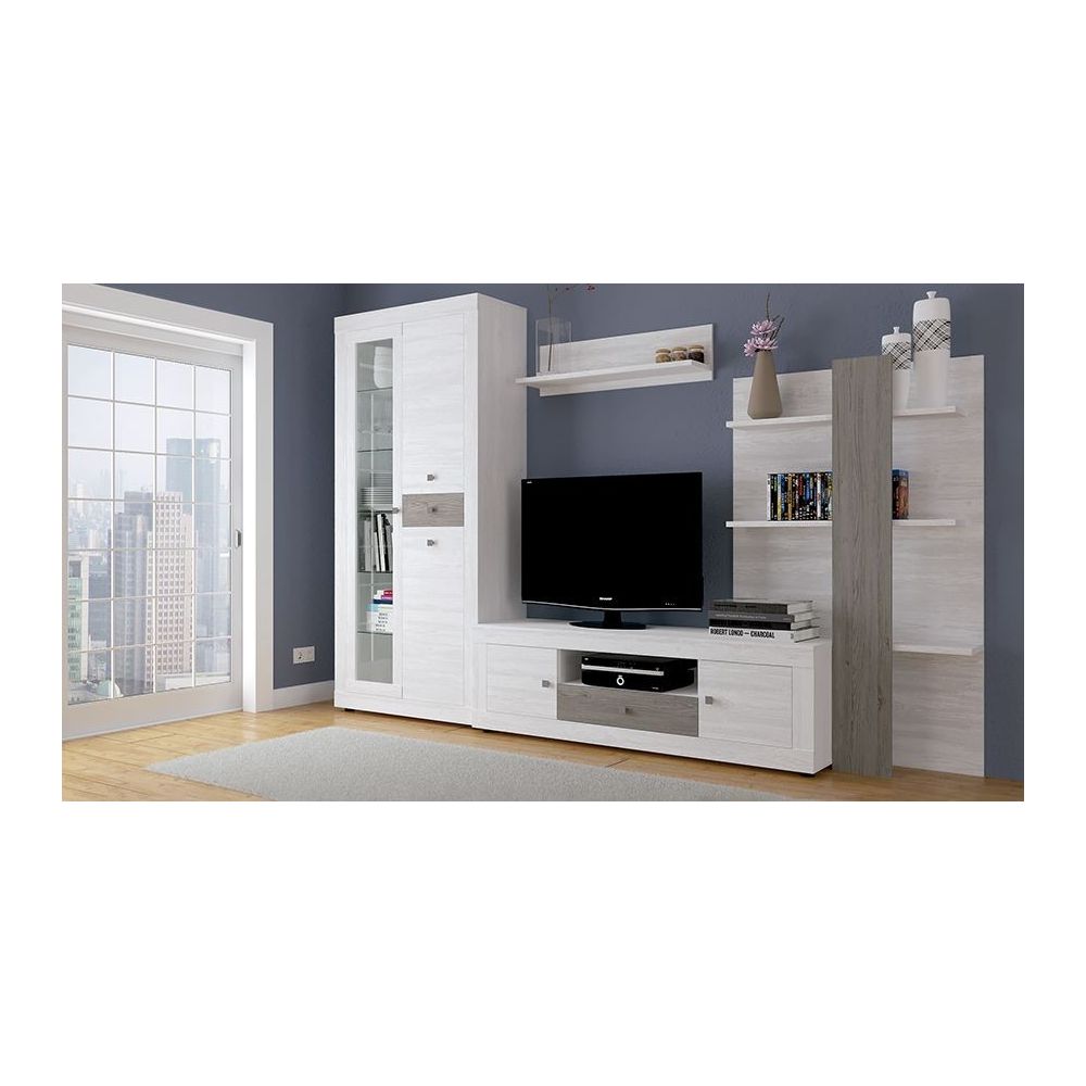 Mueble de Salón Moderno con Leds, Acabado en Andersen Pino -Gris, 40 cm (Fon), 300x200 cm