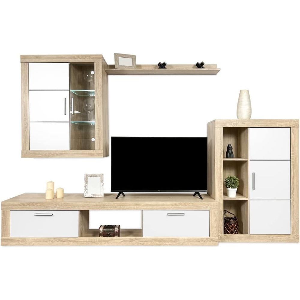 Mueble de salón y TV Moderno con Leds Color Cambria, cambria y blanco módulo de comedor
