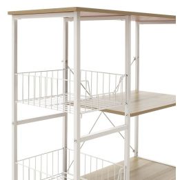 Estanteria de Cocina con 2 Cestas de Malla Metálica Blanca, 3 Estantes y Ganchos 80x34x75cm Color Madera y Blanco