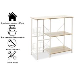 Estanteria de Cocina con 2 Cestas de Malla Metálica Blanca, 3 Estantes y Ganchos 80x34x75cm Color Madera y Blanco