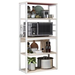 Estantería de Cocina Alta con Marco de Metal Blanco, Estante para microondas 50x30x130 Cm Color Natural y Blanco