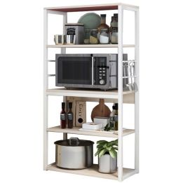 Estantería de Cocina Alta con Marco de Metal Blanco, Estante para microondas 50x30x130 Cm Color Natural y Blanco