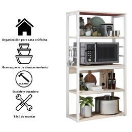 Estantería de Cocina Alta con Marco de Metal Blanco, Estante para microondas 50x30x130 Cm Color Natural y Blanco
