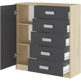 Cómoda Grande para Dormitorio o Salón – Natural y Grafito, 60 x 108 x 60 cm, 1 Puerta y 5 Cajones de Almacenaje.