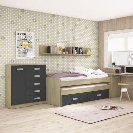Cómoda Grande para Dormitorio o Salón – Natural y Grafito, 60 x 108 x 60 cm, 1 Puerta y 5 Cajones de Almacenaje.