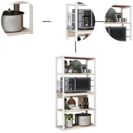 Estantería de Cocina Alta con Marco de Metal Blanco, Estante para microondas 50x30x130 Cm Color Natural y Blanco