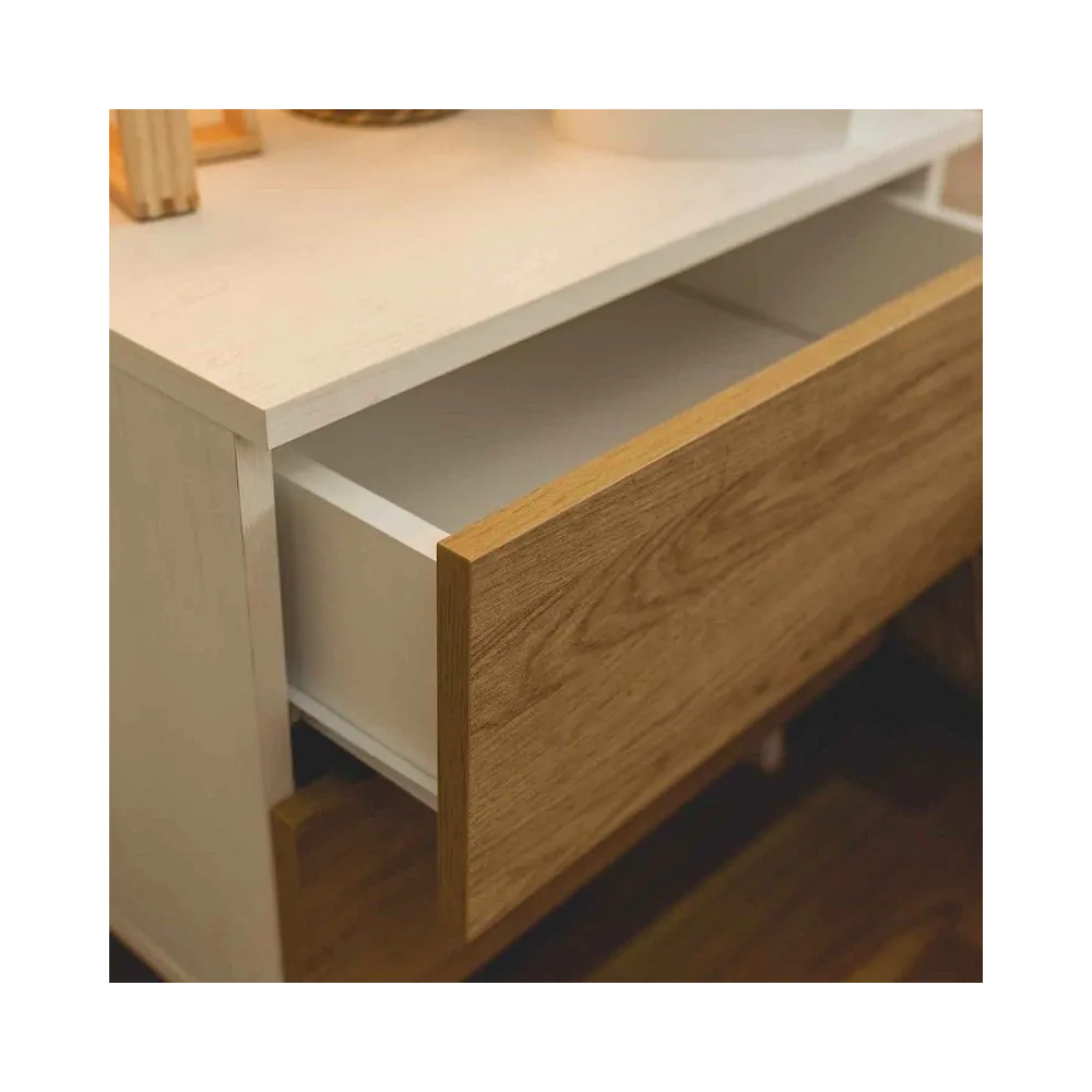 Meyvaser Mesita de noche 2 cajones Color blanco y Natural 52 cm (ancho) x 50 cm (alto) x 34,8 cm (fondo)