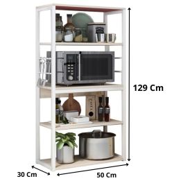 Estantería de Cocina Alta con Marco de Metal Blanco, Estante para microondas 50x30x130 Cm Color Natural y Blanco