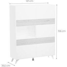 Conjunto de Salón Mueble Completo: Bajo TV, Vitrina, Estantería Decorativa y 2 Estantes - Estilo Roble y Blanco.
