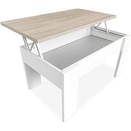 Mesa de Centro Elevable, Acabado en Color Blanco con Tapa Cambria, Medidas: 90 cm (Ancho) x 50 cm (Fondo) x 46-57 cm (Alto)