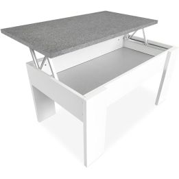 Mesa de Centro Elevable, Medidas: 90 cm x 50 cm x 46-57 cm, Acabado en Color Madera Blanca con Tapa Gris Piedra