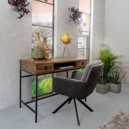 Escritorio Moderno Color Nogal con 2 Cajones y Patas Metálicas Negras – Diseño Elegante y Estable, 112x56x84 cm