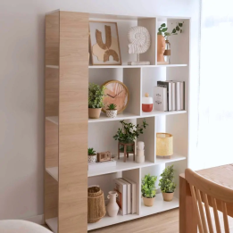 Conjunto de Salón Mueble Completo: Bajo TV, Mueble Bar, Estantería y Mueble Colgar - Estilo Roble y Blanco.