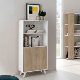 Mueble Bar para Salón o Comedor, Aparador de Cocina, Color Blanco-Roble, Medidas: 60 cm (An) x 135 cm (Al) x 40 cm (Fon)