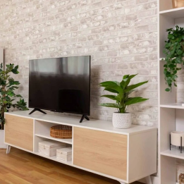 Mueble de TV de Diseño Nórdico + Modulo Alto,2 Estantes y 2 Puertas,Cambrian-Blanco, 49cm(Al) x 180cm (An) x 40cm (Fon)