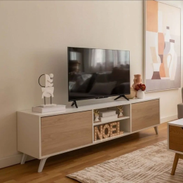 Mueble de TV de Diseño Nórdico, 2 Estantes y 2 Puertas, Cambria - Blanco, 49cm (Al)x 180cm (Anc) x 40cm (Fon)