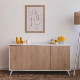 Meyvaser Aparador, Buffet, Salón Comedor 3 Puertas, Armario Auxiliar Color Blanco y Roble, Medidas: 138 cm x 70 x 39,5