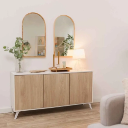Meyvaser Aparador, Buffet, Salón Comedor 3 Puertas, Armario Auxiliar Color Blanco y Roble, Medidas: 138 cm x 70 x 39,5