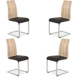 Pack 4 sillas de Comedor, Acabado en símil Piel Color Negro y Madera, Medidas: 44 cm (An) x 57 cm (Lar) x 97 cm (Al)