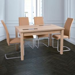 Pack de 4 Sillas Tapizadas para Salón– Acabado Color Beig con Patas Cromadas de Aluminio, Medidas: 42,5 cm x 52 cm x 99 cm