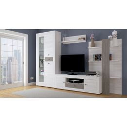 Mueble de Salón Moderno con Leds, Acabado en Andersen Pino -Gris, Medidas: 300 cm (Anc) x 200 cm (Al) 40 cm (Fon)