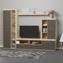 Mueble de Salón Moderno con Leds, Acabado en Cambria - Grafito, Medidas: 260 cm (Ancho) x 191 cm (Alto) 47,5 cm (Fondo)
