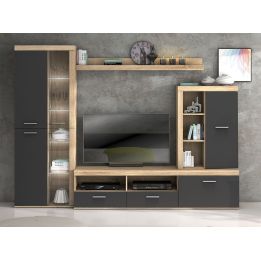Mueble de Salón Moderno con Leds, Acabado en Cambria - Grafito, Medidas: 260 cm (Ancho) x 191 cm (Alto) 47,5 cm (Fondo)