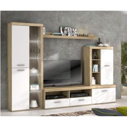 Mueble de Salón Moderno con Leds, Acabado en Cambria - Blanco, Medidas: 260 cm (Ancho) x 191 cm (Alto) 47,5 cm (Fondo)