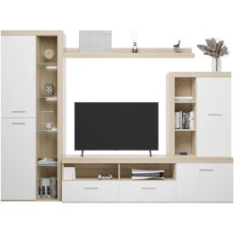Mueble de Salón Moderno con Leds, Acabado en Cambria - Blanco, Medidas: 260 cm (Ancho) x 191 cm (Alto) 47,5 cm (Fondo)