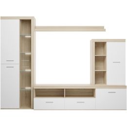 Mueble de Salón Moderno con Leds, Acabado en Cambria - Blanco, Medidas: 260 cm (Ancho) x 191 cm (Alto) 47,5 cm (Fondo)