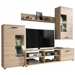 Mueble de Salón Moderno con Leds, Acabado en Cambria, Medidas: 229 cm (Ancho) x 200 cm (Alto) 38 cm (Fondo)