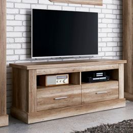 Mueble Mesa TV, Mesa de televisión 2 Puertas y 2 Estantes, Color Cañón, 135 cm Lar x 56,6 cm Al x 41,5 Cm