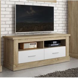 Mueble Mesa TV,Mesa de televisión 2 Puertas y 2 Estantes, Acabado en Cambria y Blanco, Patas de Madera, 135 cm Lar x 56,6 cm Al