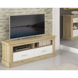 Mueble Mesa TV,Mesa de televisión 2 Puertas y 2 Estantes, Acabado en Cambria y Blanco, Patas de Madera, 135 cm Lar x 56,6 cm Al