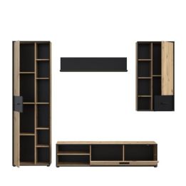 Mueble de Salón Completo | Mueble de TV, Estante, Vitrina | Medidas: 260 x 40.6 x 200 cm | Color Roble Artisan con Gris