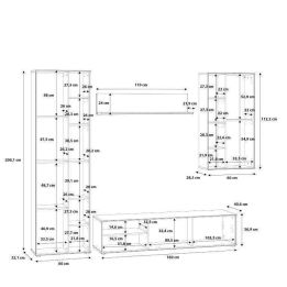 Mueble de Salón Completo | Mueble de TV, Estante, Vitrina | Medidas: 260 x 40.6 x 200 cm | Color Roble Artisan con Gris