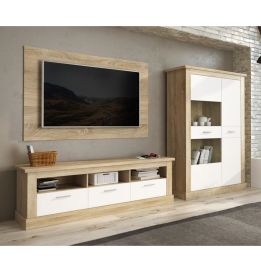 Mueble de Comedor, Mueble Salón, Acabado en Blanco y Cambria, Medidas: 305 cm (Ancho) x 174,7 cm (Alto) x 41,8 cm (Fondo)