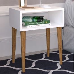 Mesita de Noche Blanca con Cajón y Patas de Madera - ¡Tamaño Ideal!