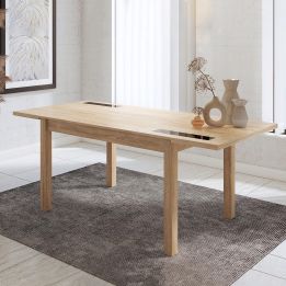 Mesa Comedor, Mesa de salón Extensible, Acabado en Color Cambria y Cristal, Medidas: 140-180 cm (Lar) x 90 cm (Anc) x 75 cm (Al)