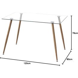 Mesa de Comedor Fija - Cristal Templado y Patas Metálicas con Acabado Madera | 120x80X76 cm
