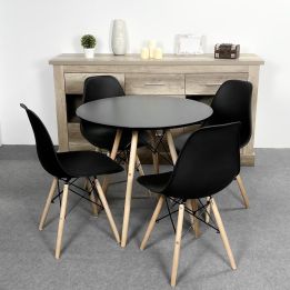 Mesa Redonda de Comedor o Cocina en Patas de Madera y Tapa Negra – 80 cm de Diámetro y 75 cm de Alto.