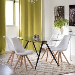 Mesa de Comedor de Cristal Templado - Patas Metálicas Negras y Travesaño de Madera | Diseño Moderno | 140x90 x 75 cm