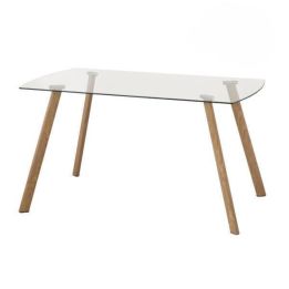 Mesa de Comedor Nórdica | Diseño con Tapa de Cristal Transparente y Patas de Metal Color Roble | Dimensiones: 140 x 80 x 76 cm