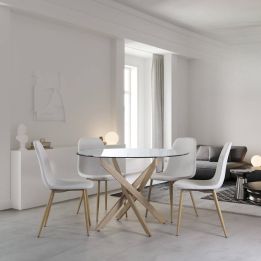 Mesa Redonda con Tapa de Cristal y Estructura Metálica Acabado Madera | Medidas: 110 x 73 cm