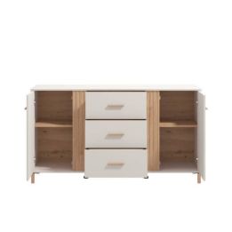 Aparador en Melamina Cashmere y Roble Artisan con Puertas, Mueble de Almacenaje - Medidas 163,5x40x90,5 cm